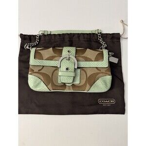 COACH Soho Python Stone Shoulder Bag 5160 Signature Green Canvas W/ Ribbon charm